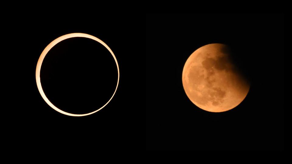 Two panel image showing an annular solar eclipse (left) and a partial lunar eclipse (right)