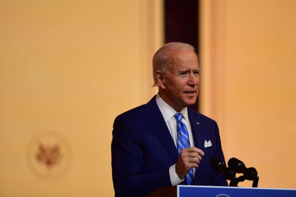 President-elect Joe Biden delivers a Thanksgiving address at the Queen Theatre on November 25, 2020 in Wilmington, Delaware. As Biden waits to be approved for official national security briefings, the names of top members of his national security team were announced yesterday to the public. Calls continue for President Trump to concede the election and let the transition proceed without further delay. (Photo by Mark Makela/Getty Images)