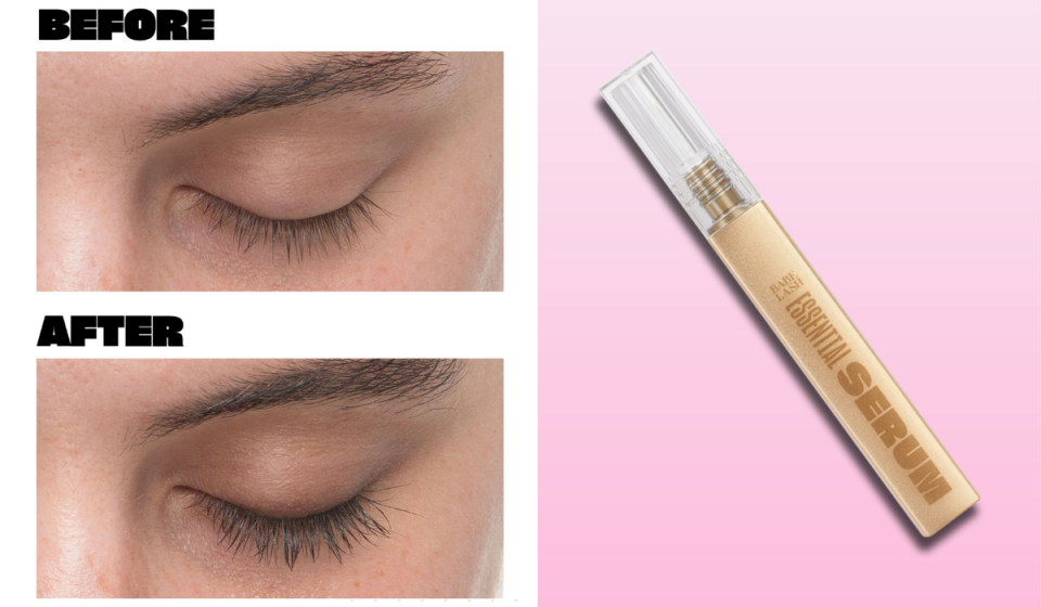 Before and After comparison of eyelash growth next to tube of Babe Lash serum