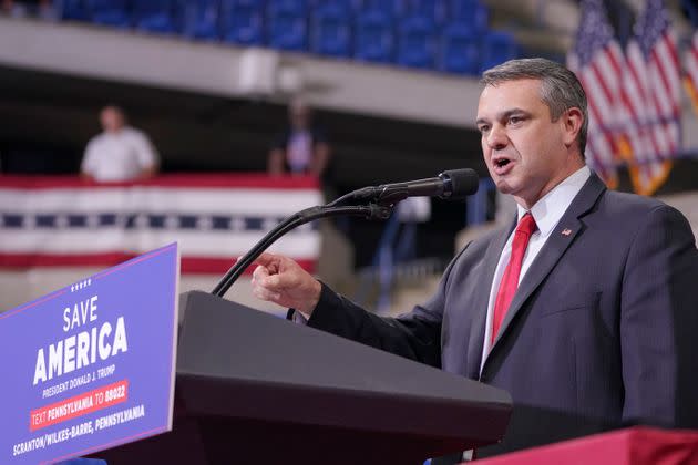 Jim Bognet speaks ahead of former President Donald Trump at a rally in Wilkes-Barre on Sept. 3. (Photo: Mary Altaffer/Associated Press)