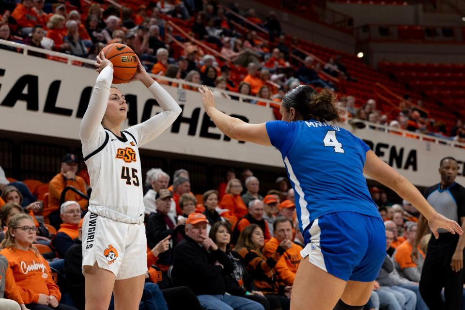 Jan 17, 2024; Stillwater, Okla, USA; Oklahoma State Cowgirls guard Emilee Ebert (45) holds the ball in front of BYU Cougars forward Ali'a Matavao (4) in the second half of a womenÕs NCAA basketball game at Gallagher Iba Arena. Mandatory Credit: Mitch Alcala-The Oklahoman