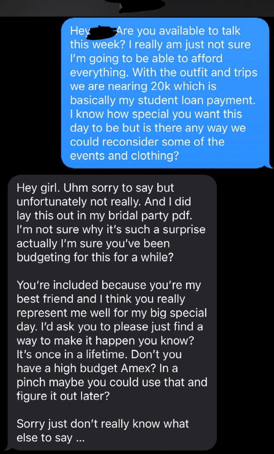 TikTok user reaches out to her friend to ask if she could cut costs from the $20,000 worth of wedding expenses (TikTok/@macydalydog)