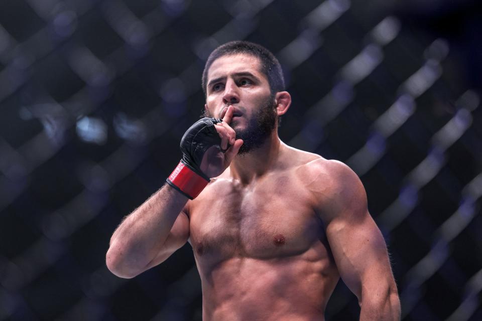 Russia's Islam Makhachev reacts after his Lightweight bout against Australia's Alexander Volkanovski during the Ultimate Fighting Championship 294 (UFC) event at the Etihad Arena in Abu Dhabi on October 22, 2023. (Photo by Giuseppe CACACE / AFP) (Photo by GIUSEPPE CACACE/AFP via Getty Images)