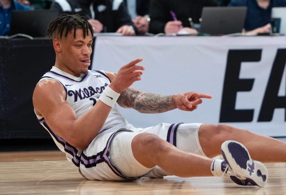 Kansas State’s Keyontae Johnson celebrates a basket and a foul during the first half of their east region semifinal game against Michigan State at Madison Square Garden on Thursday night.