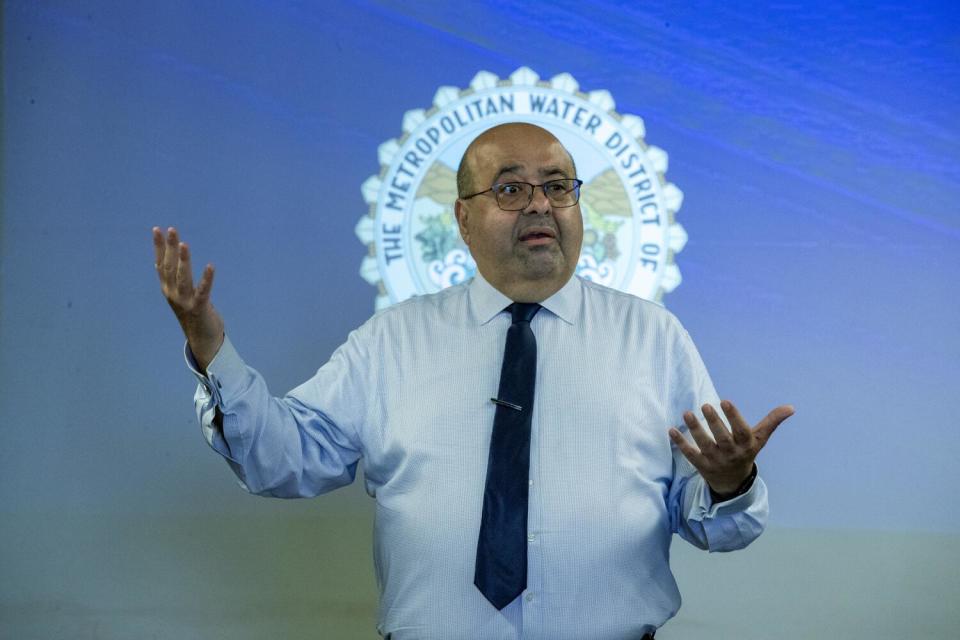 Adel Hagekhalil addresses employees during a safety fair at the Diemer Water Treatment Plant.