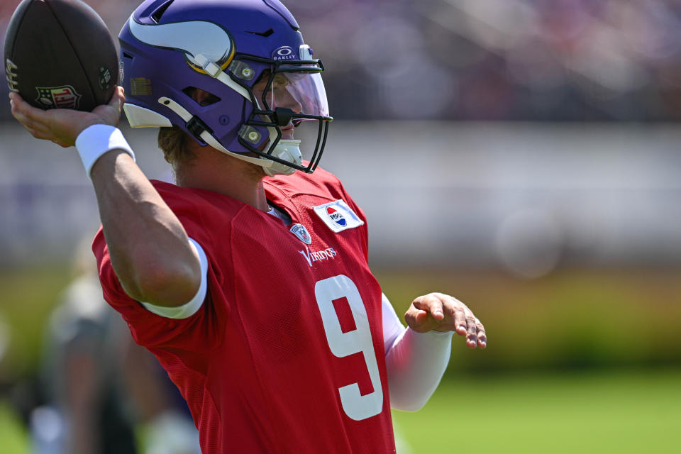 Aug 2, 2024; Eagan, MN, USA; Minnesota Vikings quarterback J.J. McCarthy (9) warms up during practice at Vikings training camp in Eagan, MN. Mandatory Credit: Jeffrey Becker-USA TODAY Sports