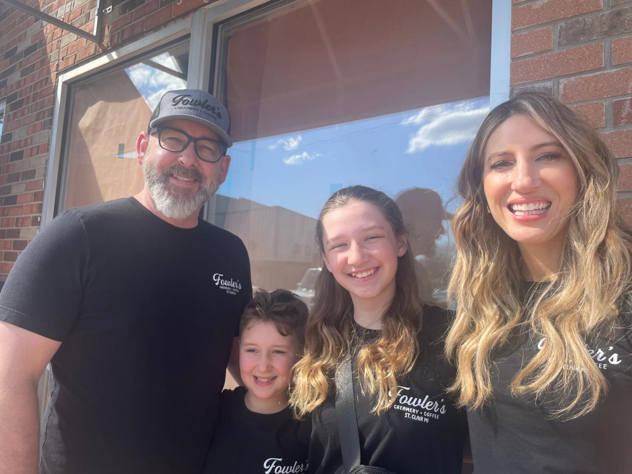 From left to right: Rob, Nash, Harper and Nicole Fowler on April 15, 2024. The family is opening a new, joint ice cream and coffee shop in the Riverview Plaza.