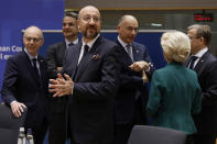 From left, Luxembourg's Prime Minister Luc Frieden, Greece's Prime Minister Kyriakos Mitsotakis, European Council President Charles Michel, author of the High-Level Report on the future of the Single Market Enrico Letta, European Commission President Ursula von der Leyen and Finland's Prime Minister Petteri Orpo speak during a round table meeting at an EU summit in Brussels, Thursday, April 18, 2024. European Union leaders vowed on Wednesday to ramp up sanctions against Iran as concern grows that Tehran's unprecedented attack on Israel could fuel a wider war in the Middle East. (AP Photo/Omar Havana)