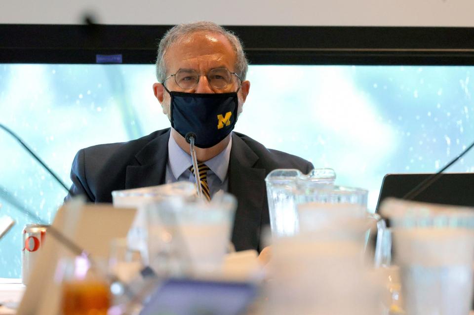 University of Michigan President Mark S. Schlissel address the Board of Regents inside the Postman Clubhouse at the University of Michigan golf course in Ann Arbor on September 23, 2021.