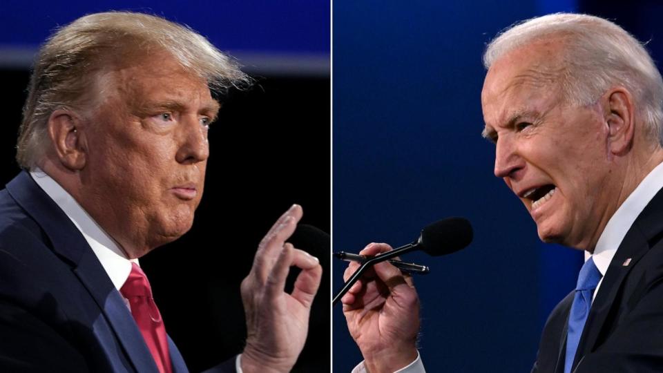 PHOTO: This combination of pictures created on Oct. 22, 2020 shows former President Donald Trump (L) and President Joe Biden during the final presidential debate at Belmont University in Nashville, Tenn., on Oct. 22, 2020. (Brendan Smialowski and Jim Watson/AFP via Getty Images)