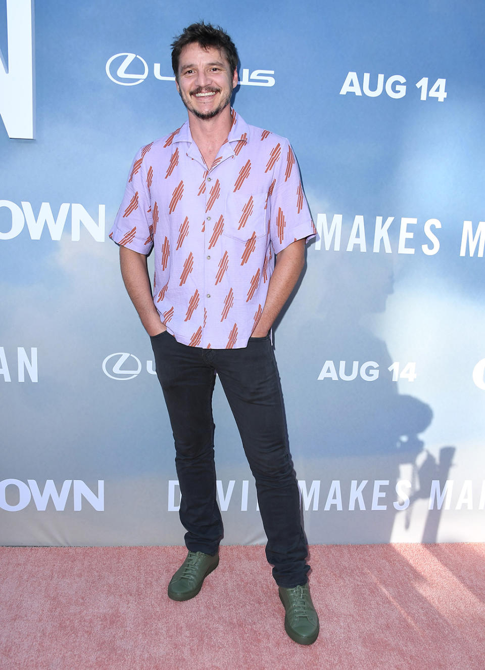 Pedro Pascal, "David Makes Man," Los Angeles, leather, sneakers, print, red carpet