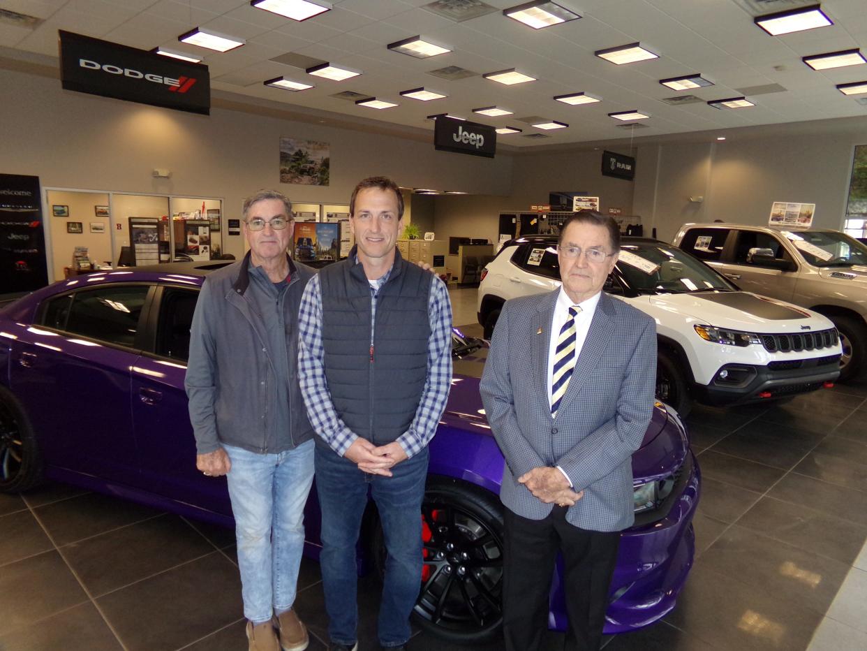 From left, in the B&B Chrysler Dodge Jeep Ram showroom in Honesdale, Oct. 20, 2023: Stephen Carmody Sr., retiring owner and sales manager; Stephen Carmody Jr., business manager; and John Carmody, retiring owner and service manager. On Oct. 16, 2023, a closing was held, selling the business and property to Dunhill Auto Group, Ltd., to run it as Honesdale Chrysler Dodge Jeep Ram.