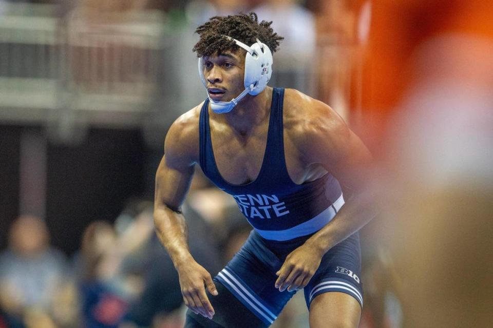 Penn State’s Carter Starocci wrestles Mehni Lewis of Virginia Tech University during the quarterfinals of the Men’s Division I NCAA Wrestling Championships at T-Mobile Center on Friday, March 22, 2024, in Kansas City.