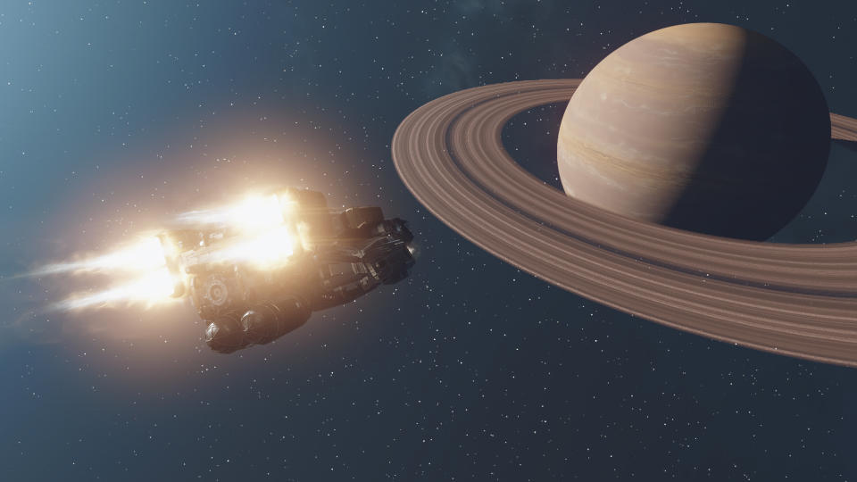 Starfield — a spaceship burning towards a distant ringed planet.