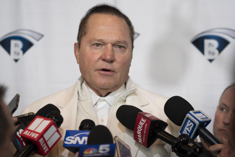 Agent Scott Boras responds to questions during a news conference at the Major League Baseball winter meetings, Wednesday, Dec. 6, 2023, in Nashville, Tenn. (AP Photo/George Walker IV)