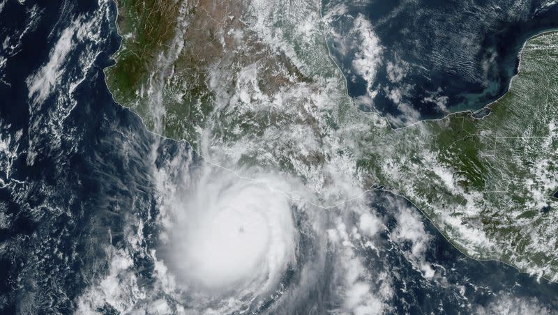 This satellite image provided by NOAA on Tuesday, Oct. 24, 2023, shows Hurricane Otis approaching Mexico’s Pacific coast near Acapulco. Otis is forecast to make landfall early Wednesday and there is a hurricane warning in effect from Punta Maldonado to Zihuatanejo.