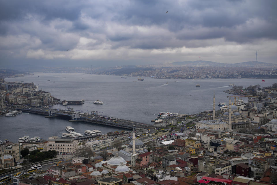 Ferris crosses the Bosphorus, in Istanbul, Wednesday, March 6, 2024. On Sunday, millions of voters in Turkey head to the polls to elect mayors and administrators in local elections which will gauge President Recep Tayyip Erdogan’s popularity as his ruling party tries to win back key cities it lost five years ago. (AP Photo/Emrah Gurel)