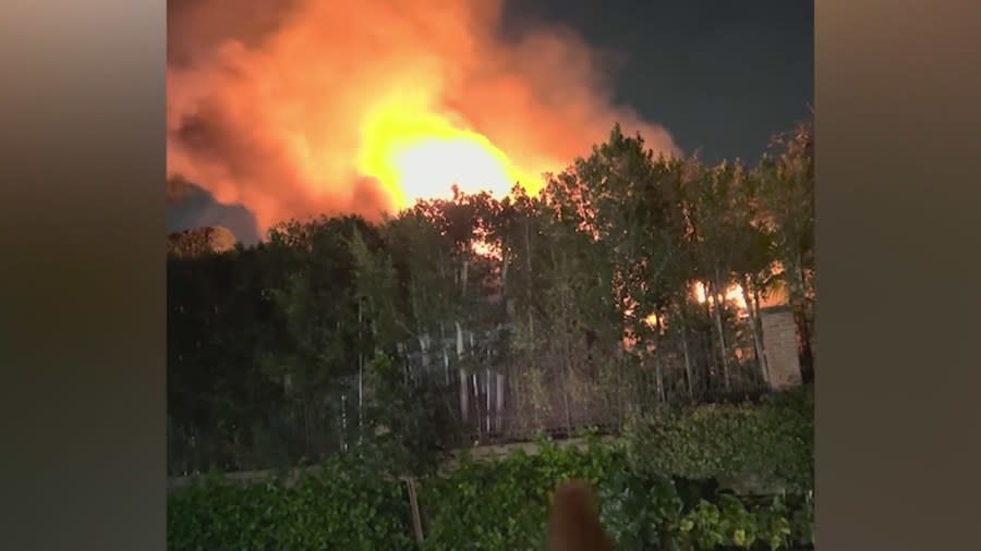 A neighbor's photo capturing the massive fire that destroyed the Studio City home of Cara Delevingne on March 15, 2024.