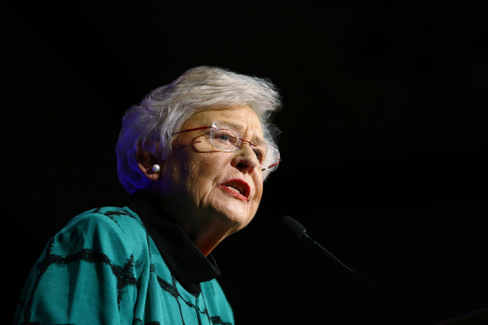 FILE - In this Nov. 6, 2018 file photo Republican Gov. Kay Ivey speaks to supporters after she won the election at a watch party in Montgomery, Ala. Ivey said she should not have worn blackface in a college skit, but said she has no plan to resign over something that happened 52 years ago. Ivey told reporters Tuesday, Sept. 3, 2019 that "she should not have done that" and it’s important to apologize. (AP Photo/Butch Dill)