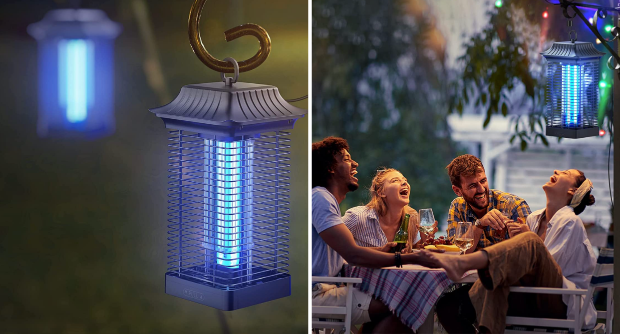 blue uv light bug zapper outside, friends sitting laughing with bug zapper, Sahara Sailor Bug Zapper