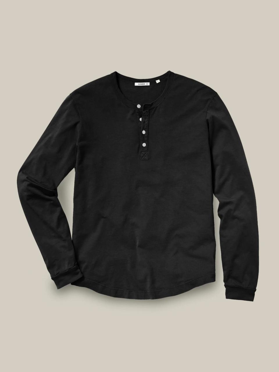 Buck Mason Pima Curved Hem Henley in black; best henley shirts