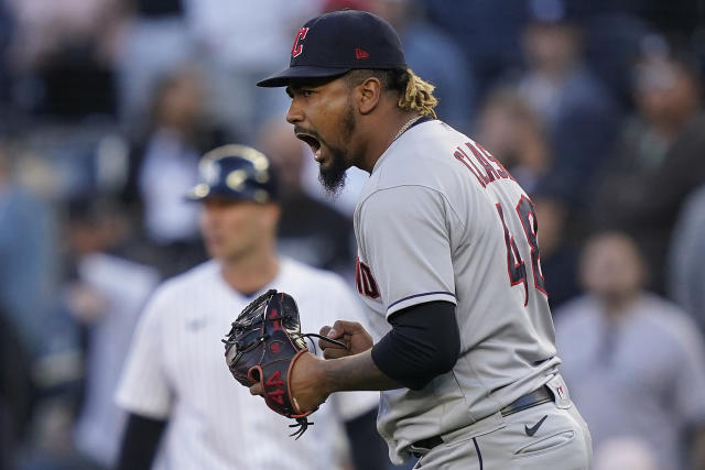 Cleveland Guardians relief pitcher Enyel De Los Santos (62) pitches in the  eighth inning against the Cleveland Guardians in a baseball game, Monday,  May 1, 2023, in New York. The Guardian's defeated