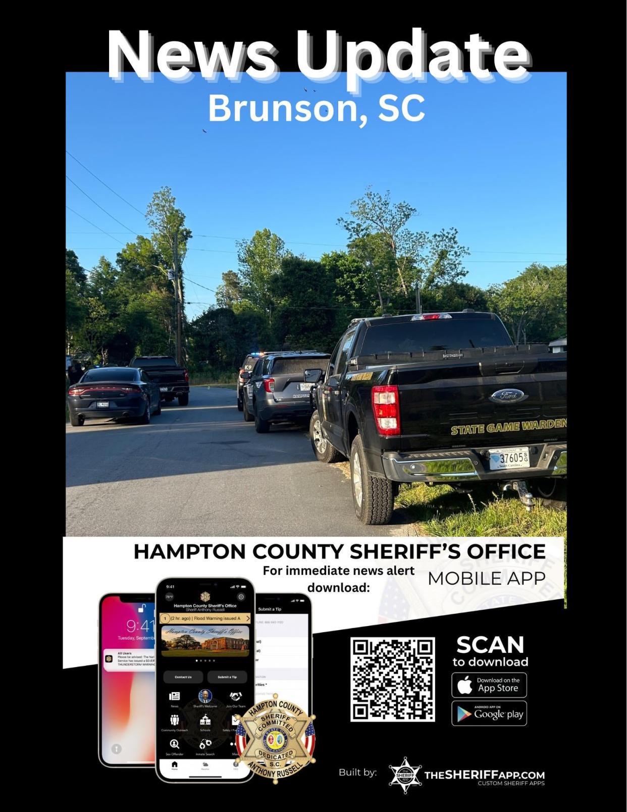 The HCSO encouraged the public to go to the preferred app store, search for "Hampton County Sheriff SC," and download the app for immediate news alerts, information and more in the Hampton County area.