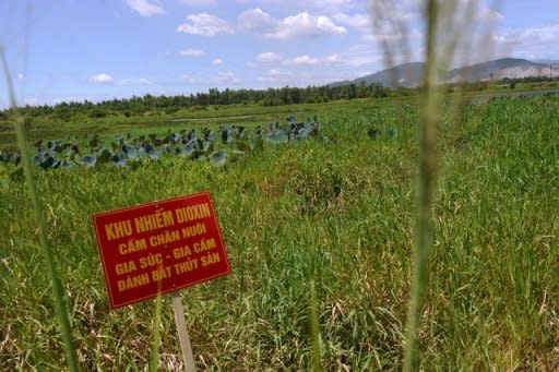 A red warning poster reading "Dioxin-contominated area. Livestock and poultry raising and fishing are probihited" next to the Danang airport. From deformed infants to grandparents with cancer, families near Vietnam's Danang Airbase have long blamed the toxic legacy of war for their ills. Now after a decades-long wait, a historic "Agent Orange" clean-up is finally beginning