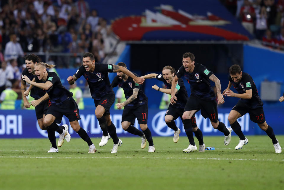 Croatia players celebrate their penalty shootout victory over Russia in the 2018 World Cup quarterfinals. (AP)