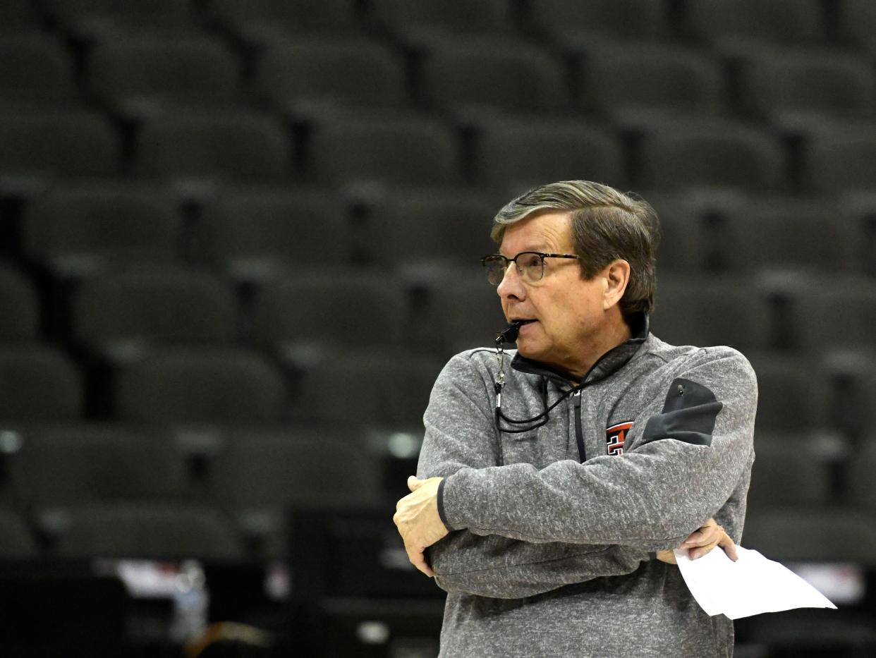 Texas Tech's head men's basketball coach Mark Adams prepares to blow the whistle at practice, Wednesday, March 9, 2022, at the T-Mobile Center in Kansas City. Tech's game is 5:30 p.m. on Thursday against Iowa State.