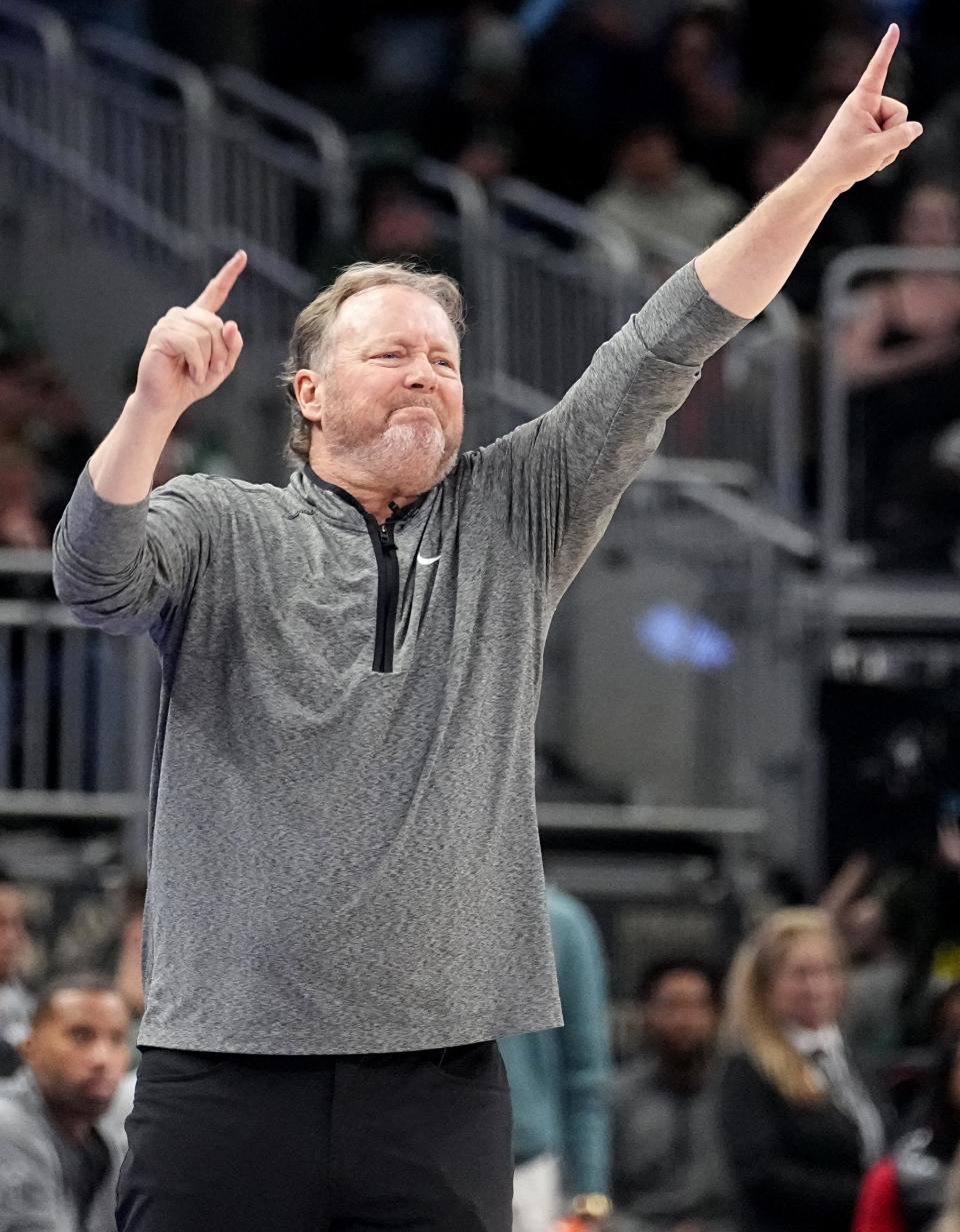 Milwaukee Bucks head coach Mike Budenholzer is shown  during the second half of their game Wednesday, April 19, 2023 at Fiserv Forum in Milwaukee, Wis. The Milwaukee Bucks beat the Miami Heat 138-122.