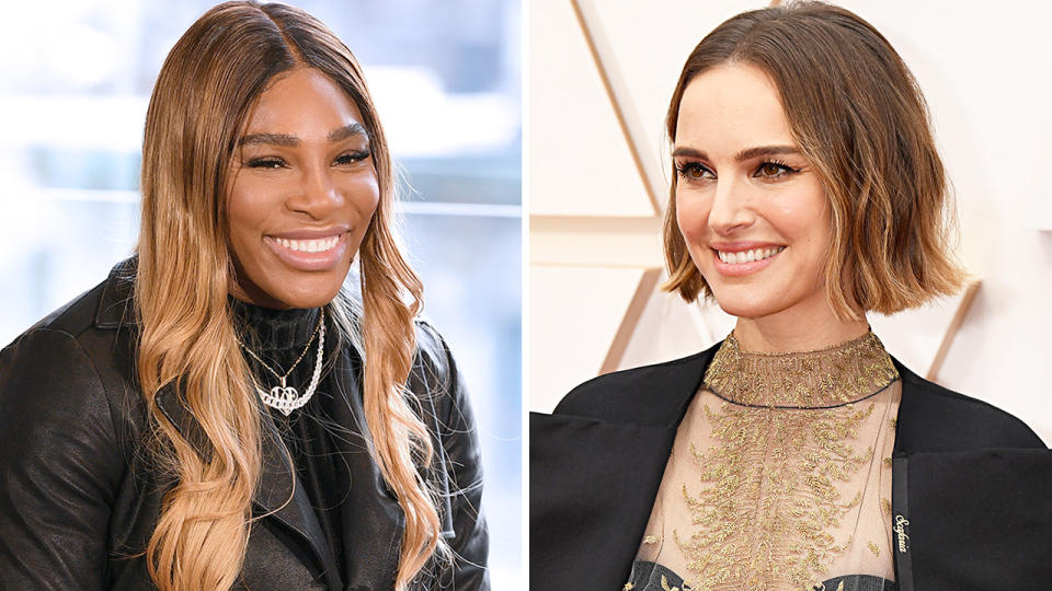 A 50-50 split image shows Serena Williams on the left and Natalie Portman on the right. 