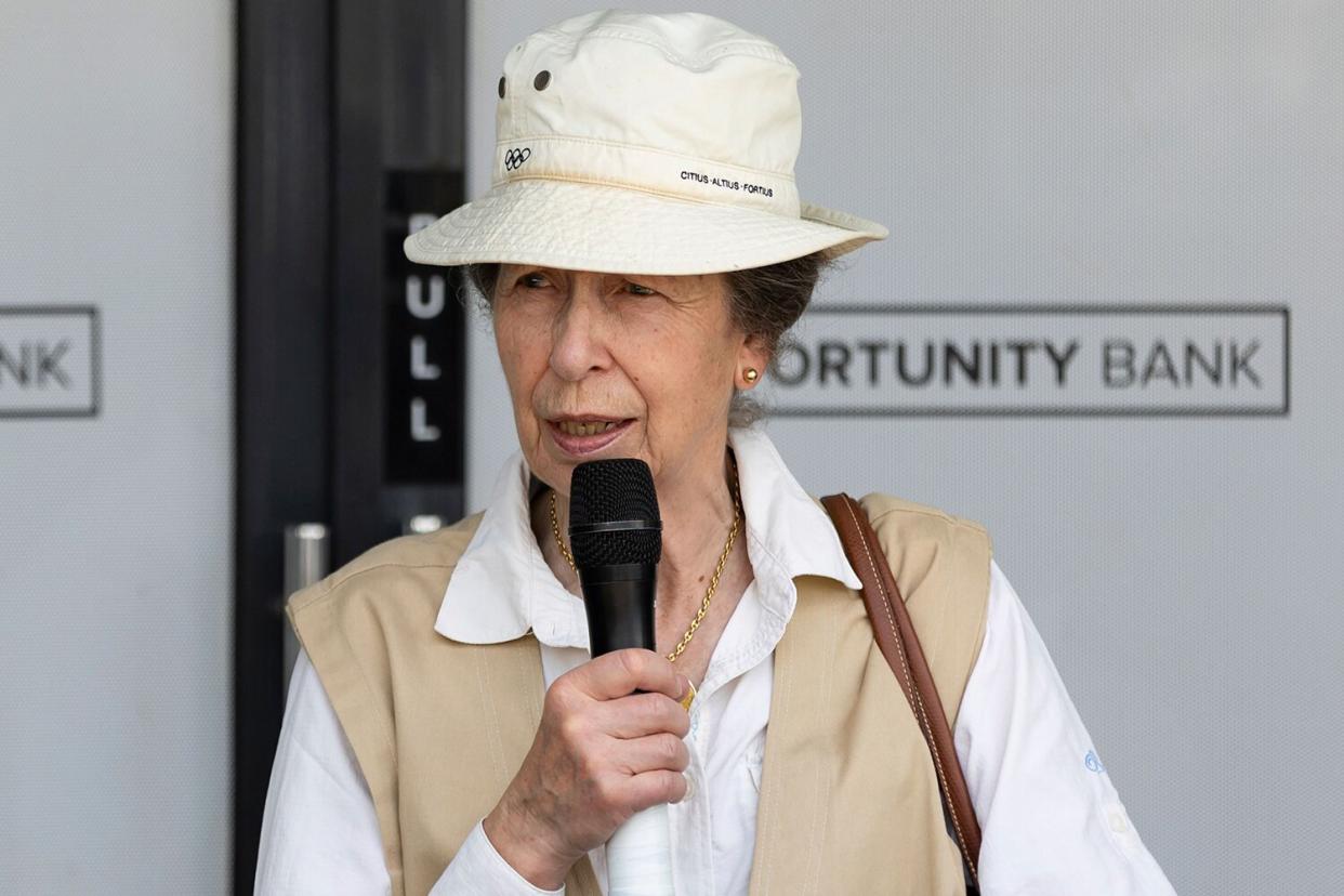 Princess Anne speaks as she officially opens a branch of the Opportunity Bank in Nakivale refugee settlement, in southwestern Uganda