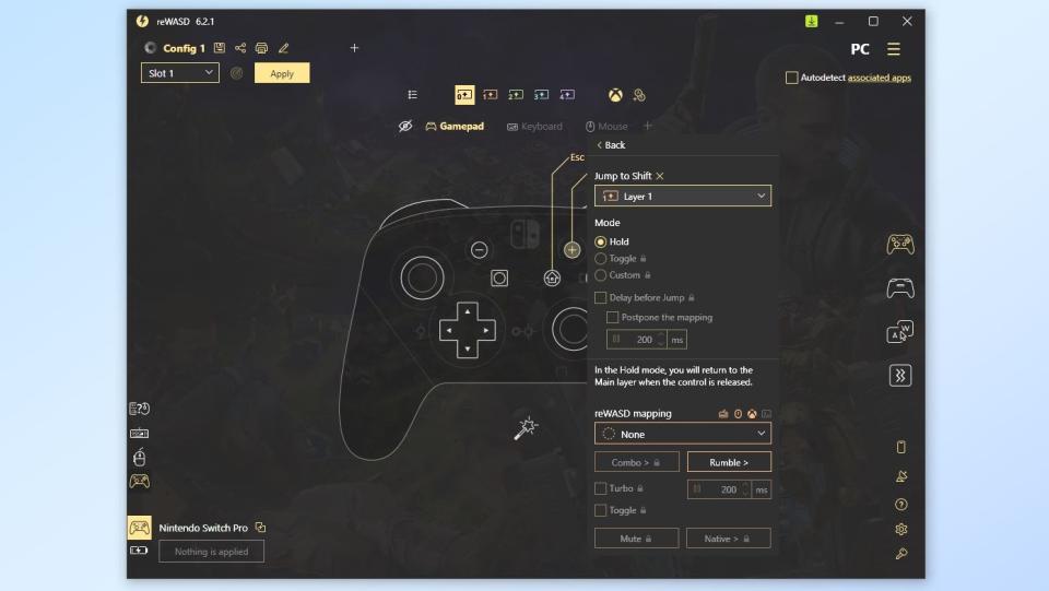 A screenshot showing how reWASD's Shift Mode feature works on the Nintendo Switch Pro Controller