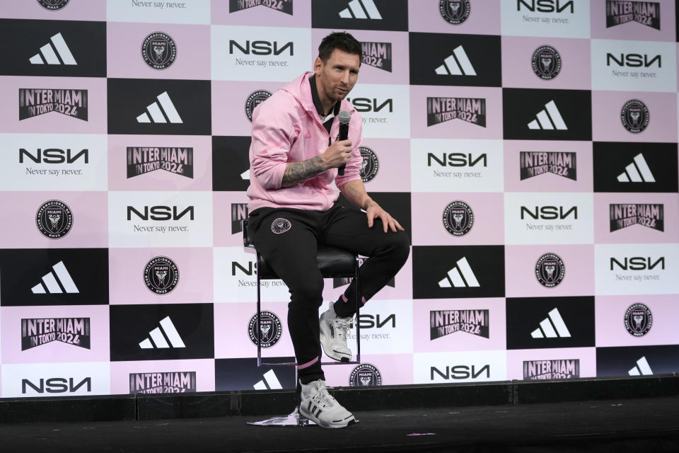 Inter Miami's Lionel Messi speaks during a press conference at a hotel, ahead of his team's friendly soccer match against Vissel Kobe in Tokyo, Tuesday, Feb. 6, 2024. (AP Photo/Shuji Kajiyama)