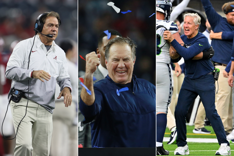 From left: Nick Saban at Alabama, Patriots coach Bill Belichick, and Pete Carroll with the Seahawks