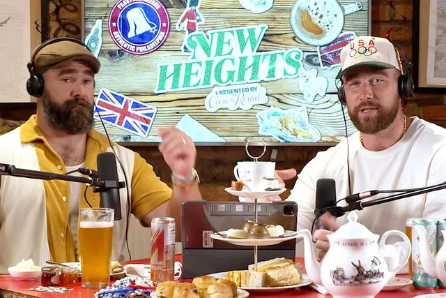 <p>New Heights/YouTube</p> Jason and Travis Kelce recording their 'New Heights' podcast