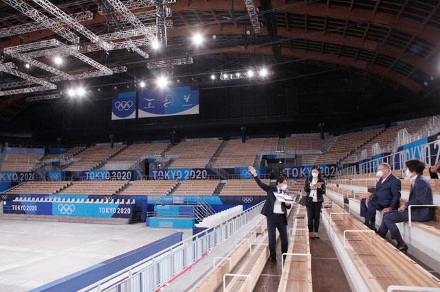 International Olympic Committee vice president John Coates, second from right, and Tokyo 2020 Olympics Organizing Committee president Seiko Hashimoto, right, on a visit to the Ariake Gymnastics Centre