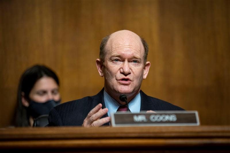 Sen. Chris Coons, D-Del., speaks during a  Judiciary Subcommittee hearing with policy executives from Facebook, YouTube, and Twitter about their use of algorithms on April 27, 2021.