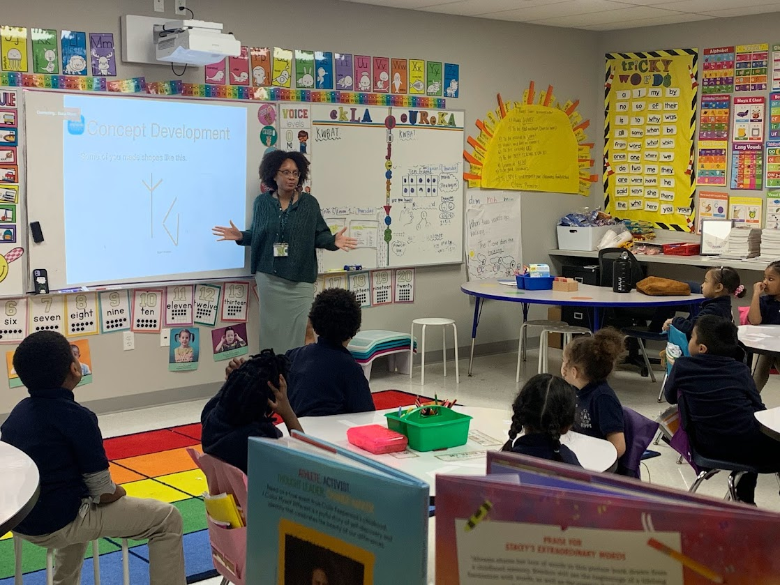 Essa Monts, a 2023 Teach for America Jacksonville corps member, is shown leading a class at KIPP Impact Academy.