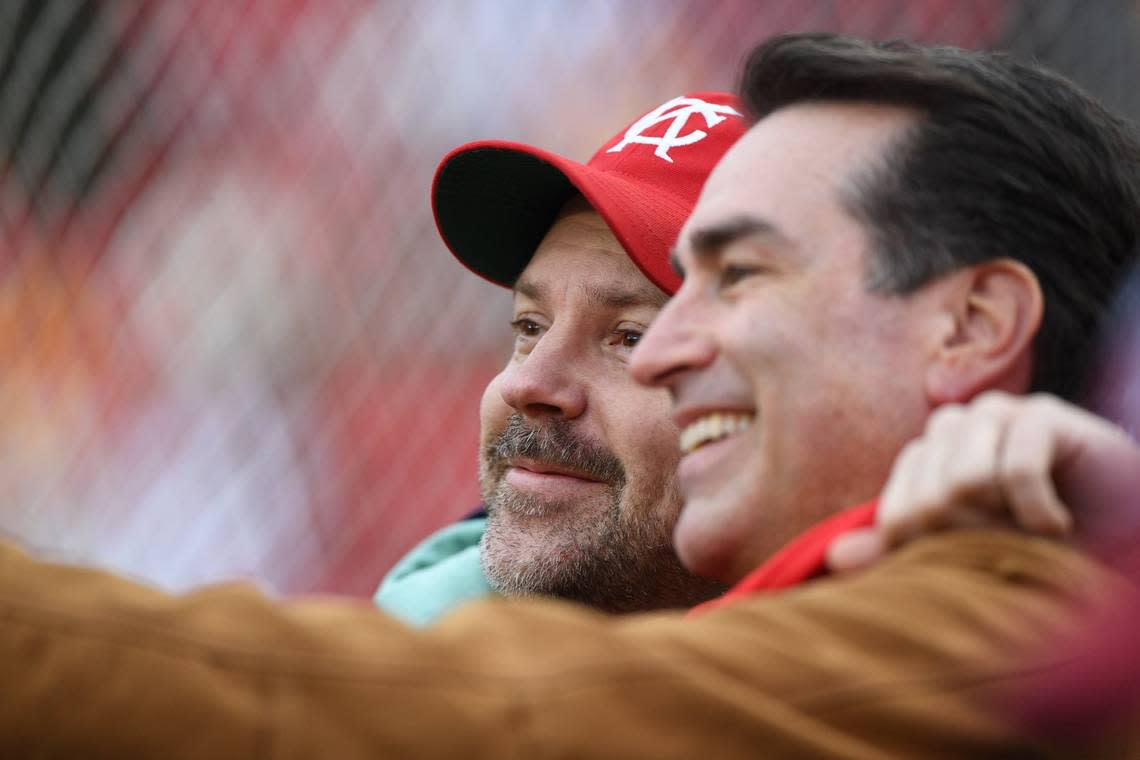 Jason Sudeikis, left, and Rob Riggle were on hand to watch the Kansas City Chiefs play the Los Angeles Rams in November at Arrowhead Stadium.