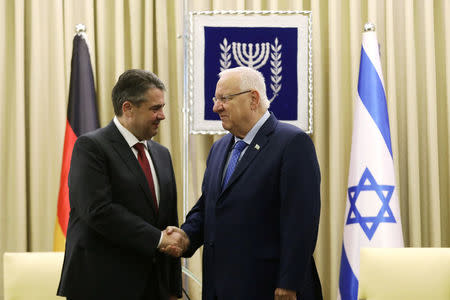 Israel's President Reuven Rivlin welcomes German Foreign Minister Sigmar Gabriel in Jerusalem April 25, 2017. REUTERS/ Ronen Zvulun