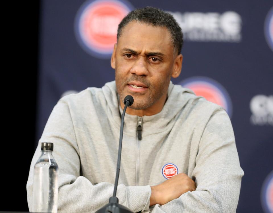 Detroit Pistons GM Troy Weaver answers a question about draft picks Ausar Thompson and Marcus Sasser during their introductory news conference at the Henry Ford Detroit Pistons Performance Center, Friday, June 23, 2023.