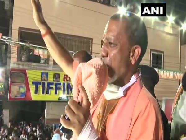 Uttar Pradesh Chief Minister Yogi Adityanath addressing a roadshow in Hyderabad on Saturday. (Photo/ANI)