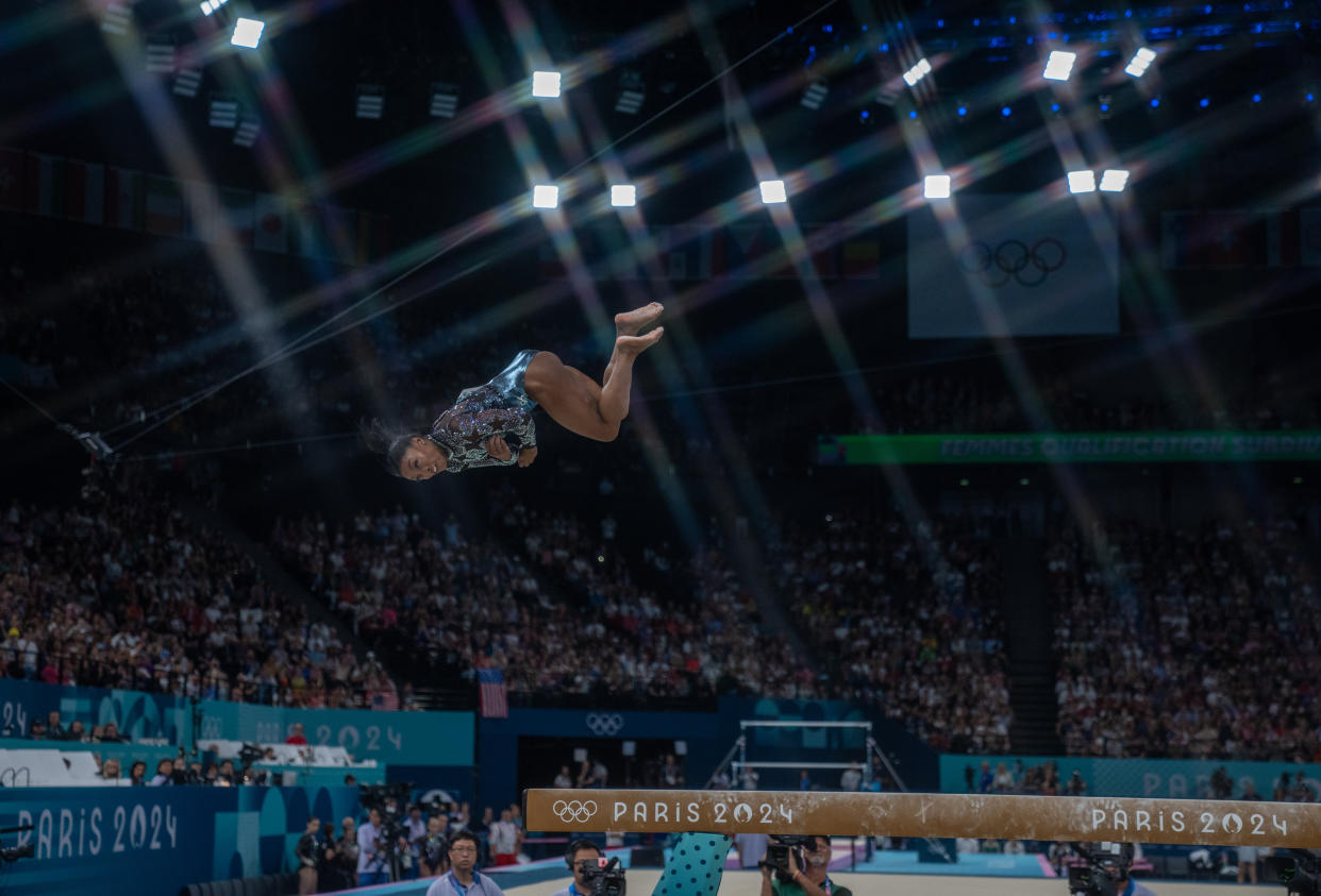 PARIS, FRANCE - JULY 28: Simone Biles of United States competes in women's gymnastics during Paris 2024 Olympic Games in Paris, France on July 28, 2024. (Photo by Aytac Unal/Anadolu via Getty Images)