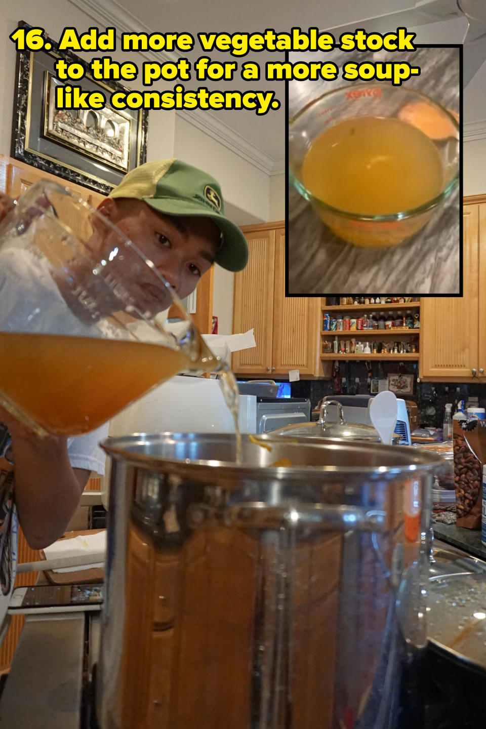 author pouring vegetable stock into pot (inset) florence pugh's vegetable stock