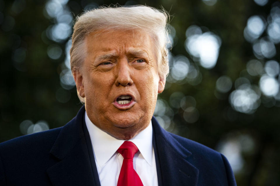 U.S. President Donald Trump speaks to members of the media before boarding Marine One on the South Lawn of the White House in Washington, DC.