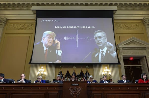 A audio recording of former President Donald Trump talking to Georgia Secretary of State Brad Raffensperger is played as the House Select Committee investigating the Jan. 6 attack on the U.S. Capitol holds a public hearing to discuss its findings of a year-long investigation, on Capitol Hill in Washington on October 13, 2022. File Pool Photo by Alex Wong/UPI