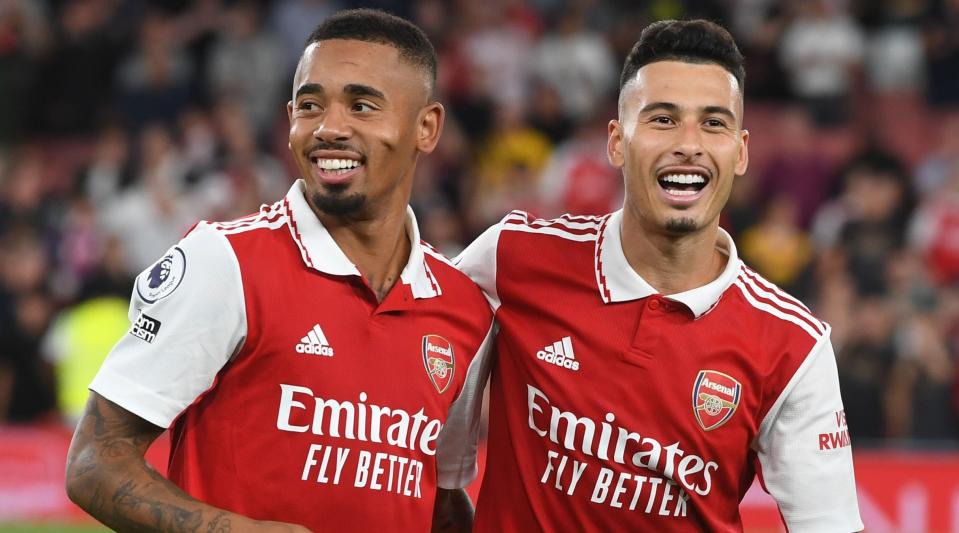 Gabriel Jesus and Gabriel Martinelli of Arsenal celebrate together at full-time of the Premier League match between Arsenal and Aston Villa on 31 August, 2022 at the Emirates Stadium in London, United Kingdom.