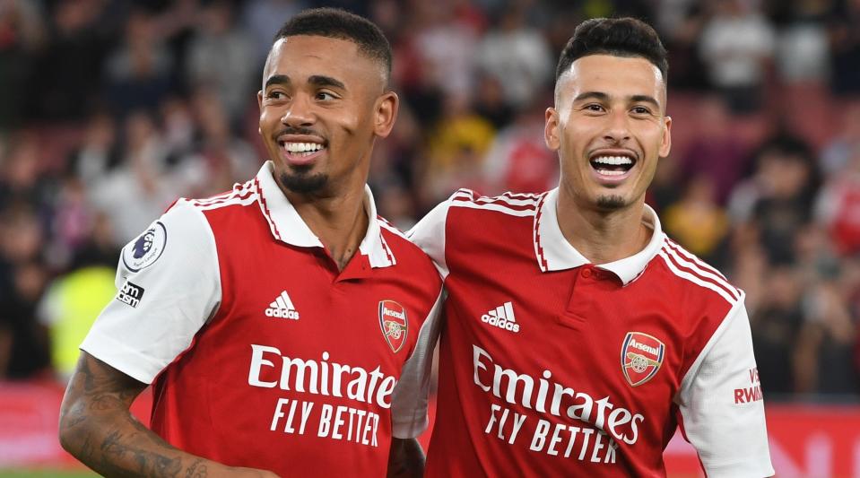 Gabriel Jesus and Gabriel Martinelli of Arsenal celebrate together at full-time of the Premier League match between Arsenal and Aston Villa on August 31, 2022 at the Emirates Stadium in London, United Kingdom.